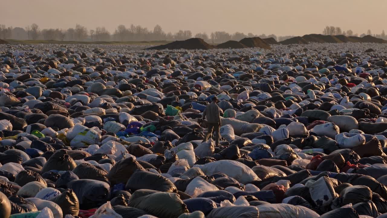 쓰레기 봉투로 가득 찬 거대한 쓰레기 매립지에서 재활용 가능한 재료를 찾는 쓰레기 수집가, 세계적인 쓰레기 문제와 환경에 미치는 영향을 강조합니다.