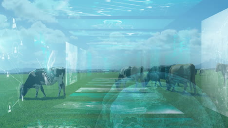 cows grazing in field with digital technology and data processing animation overlay