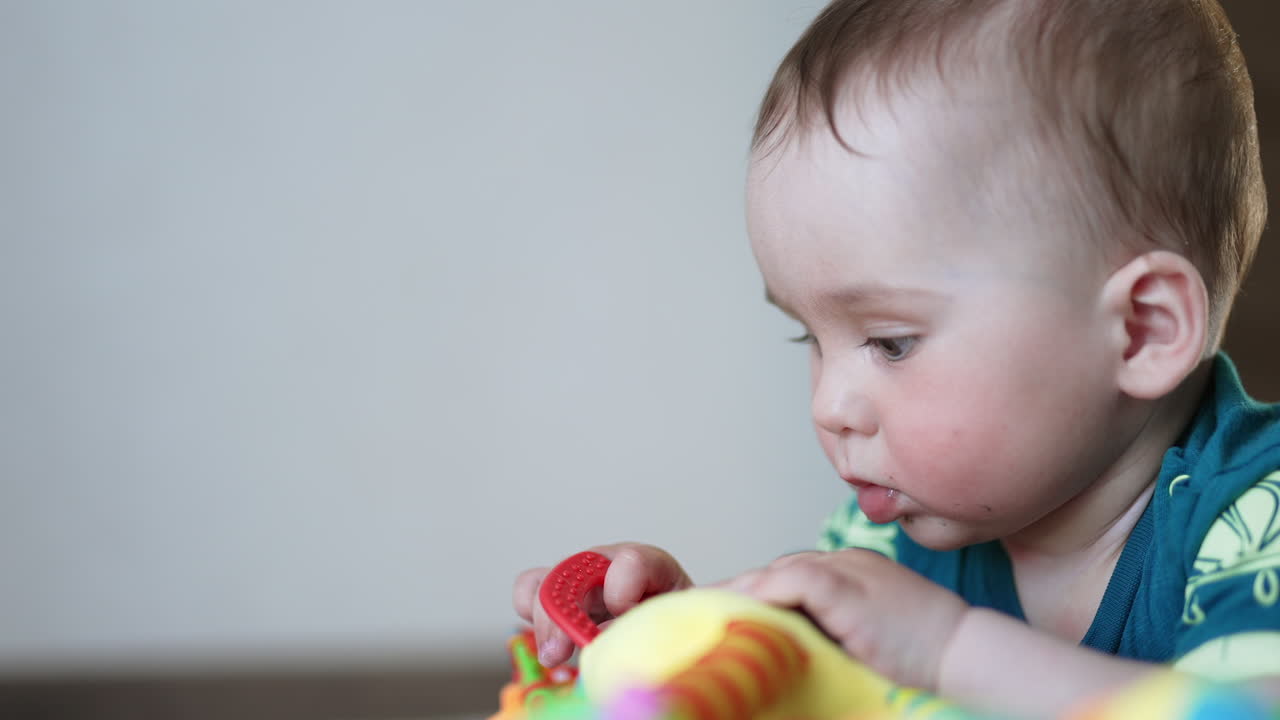 Sweetest baby with plump cheeks plays with a bright toy. Cute kid distracts from a toy and pulls a fist into his mouth.