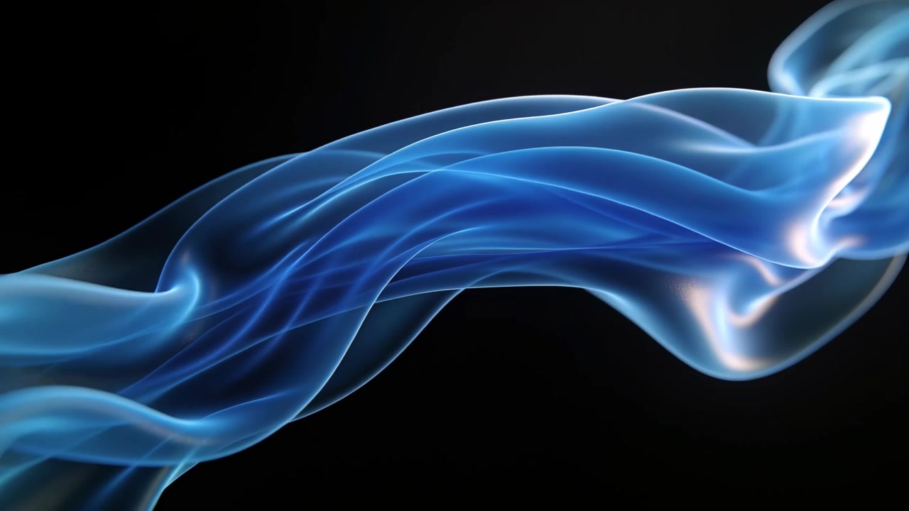 Entering curl of translucent blue ribbons unfurling across dark void, forming arc with filaments