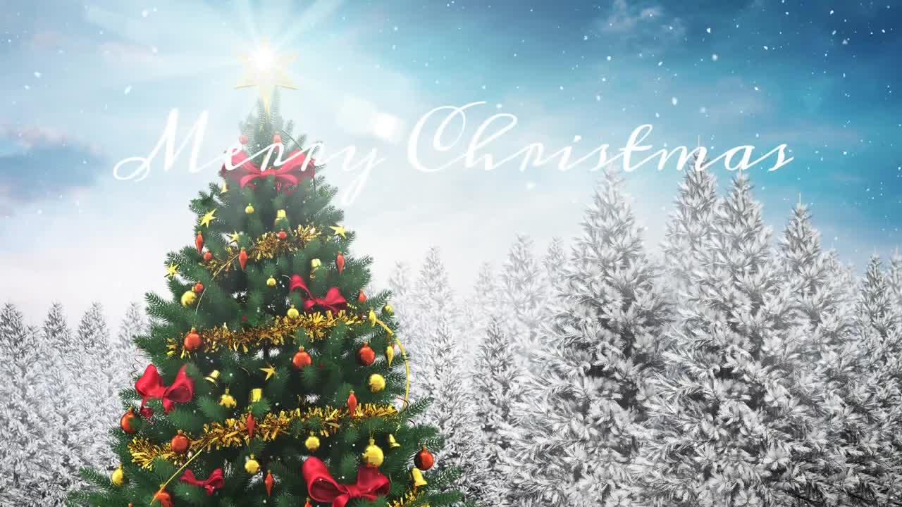 크리스마스 트리에 있는 렌즈 플레어의 애니메이션, 눈 인 나무와 메리 크리스마스 텍스트.