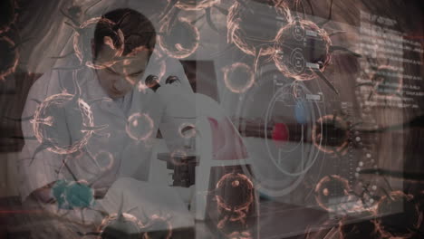 animación del virus de la corona con un científico en el fondo
