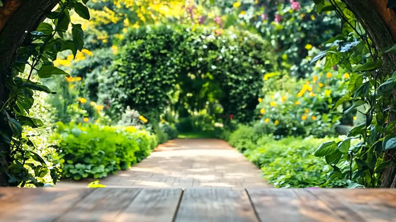 A wooden table in the middle of a lush green garden
