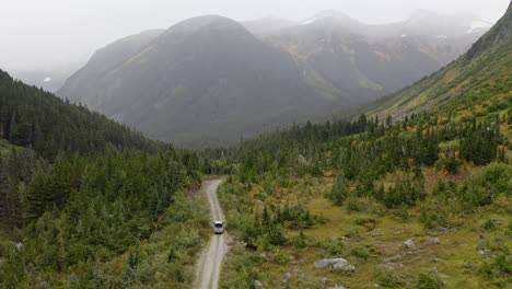 Autofahren-Auf-Unbefestigter-Straße-Durch-Waldtal-Im-Nebligen-Britisch-Kolumbien,-Antenne