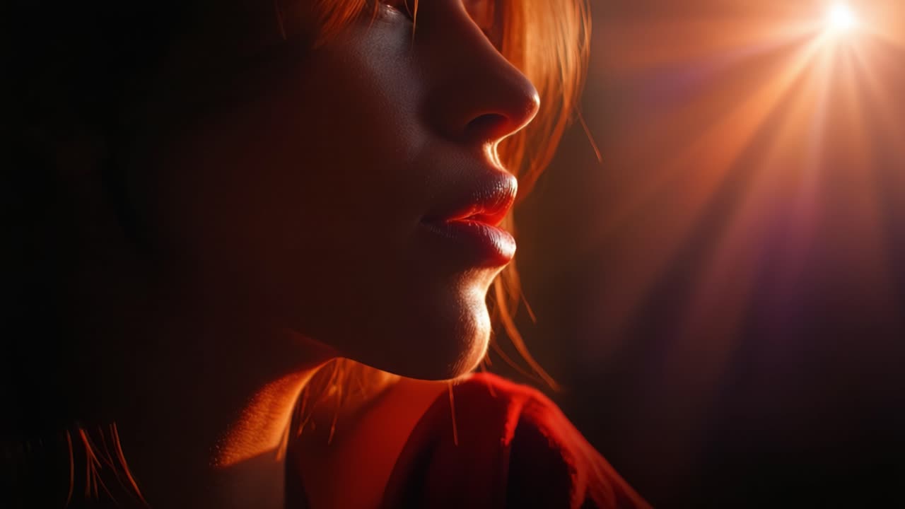 Captivating Close-Up of a Woman's Profile Illuminated by Soft Light, Highlighting Her Features and Expression in a Dramatic and Artistic Setting