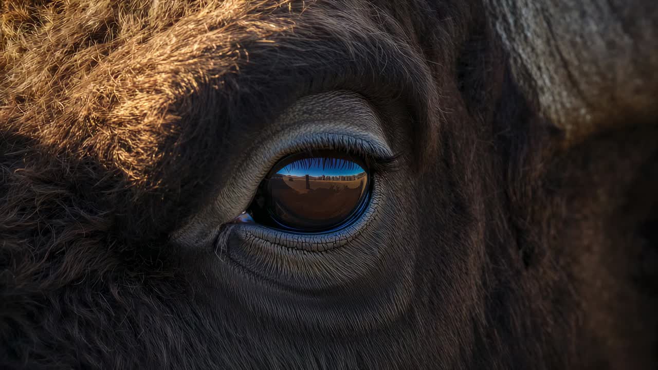 Shifting bison eye on sighting two silhouettes, reflecting horizon on prairie, sunlight warming fur