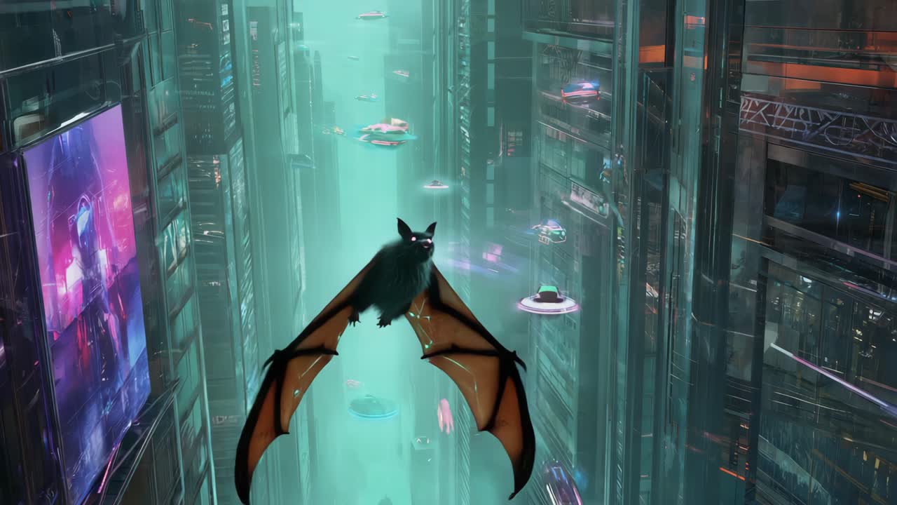 A Bat Flying Through a Futuristic City
