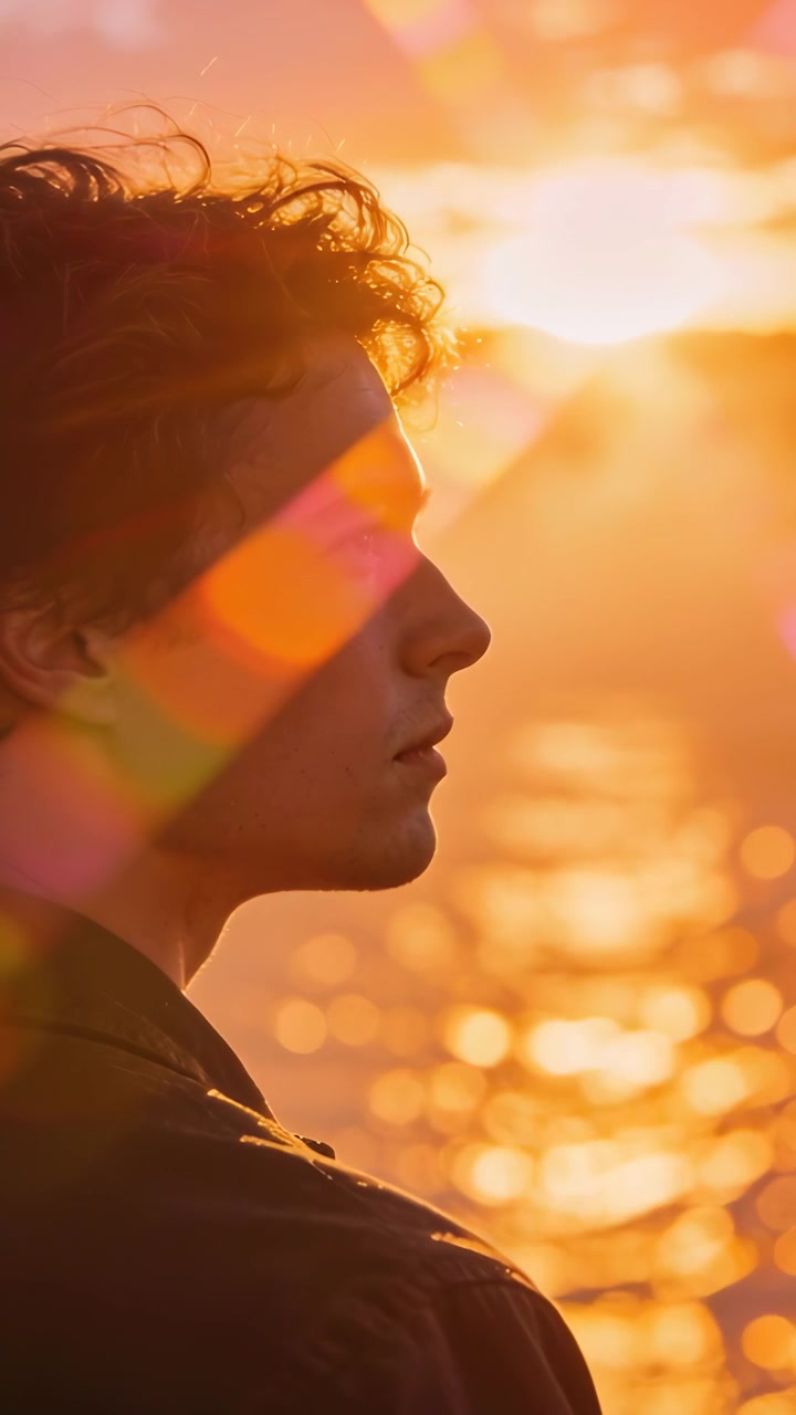 Video verticale: Al tramonto, un uomo con un cappotto scuro si gira verso l'acqua, ammirando il lens flare.
