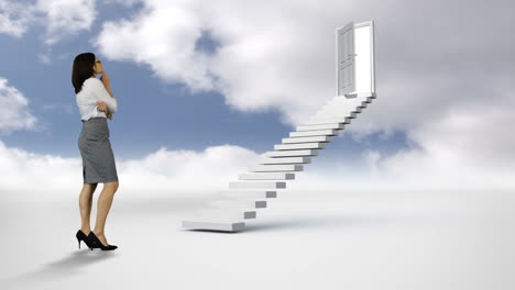 businesswoman looking at stair with an opening door in the cloudy sky