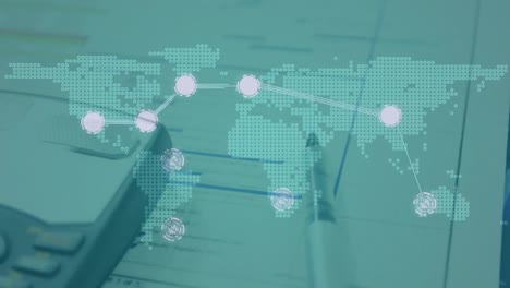 세계 지도, 결제 터미널 및 청구서와 연결 네트워크의 애니메이션