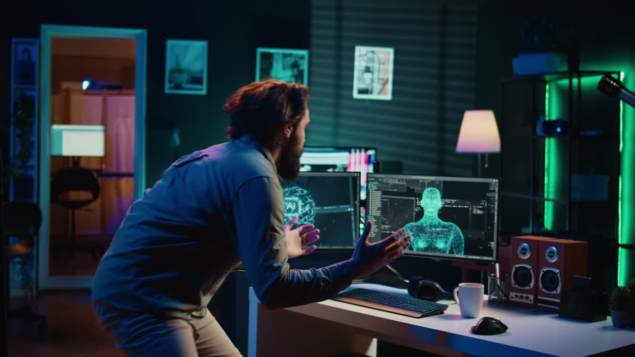 hombre saltando de la silla de shock después de ser recibido por el sentiente ai, inclinándose