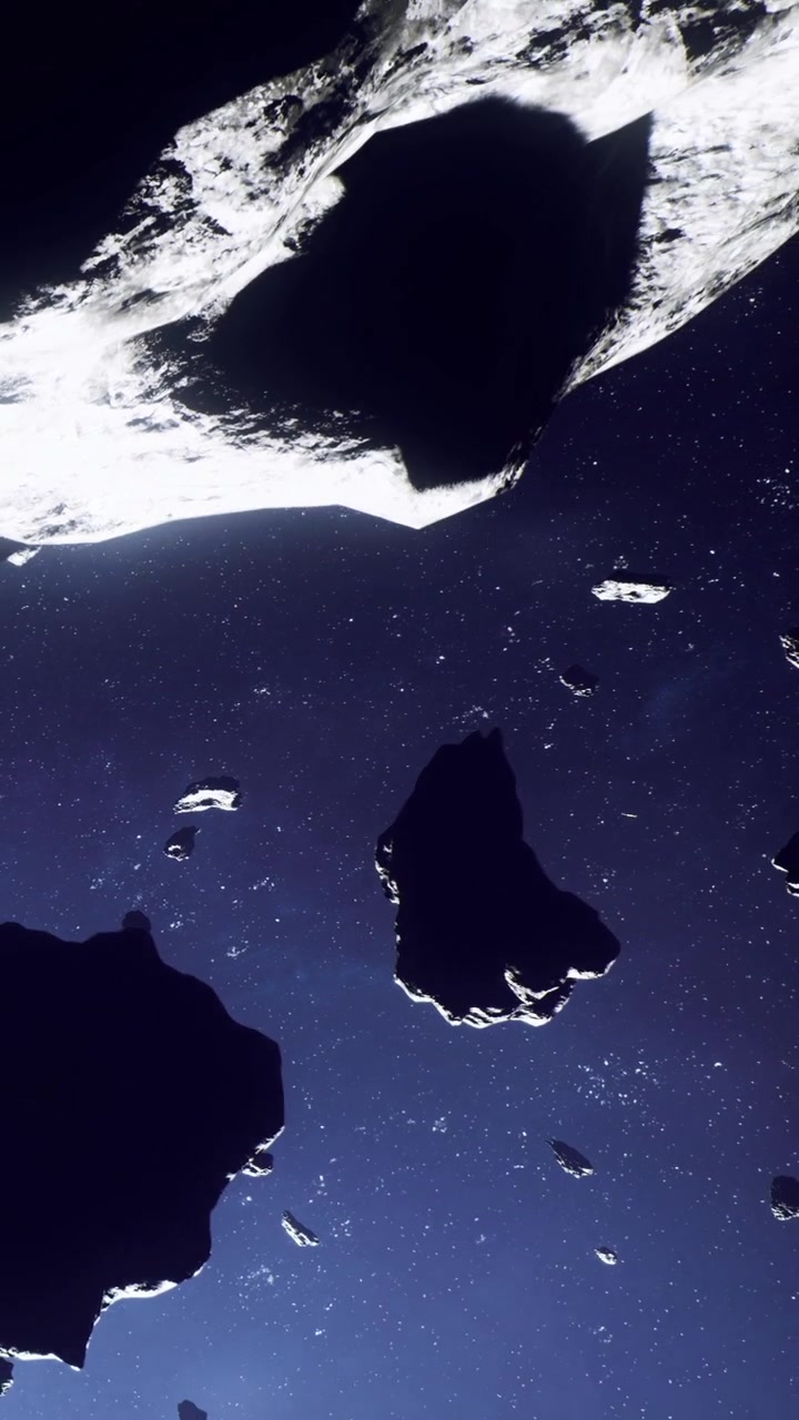 View of space with asteroids and dark background showing stars and planets