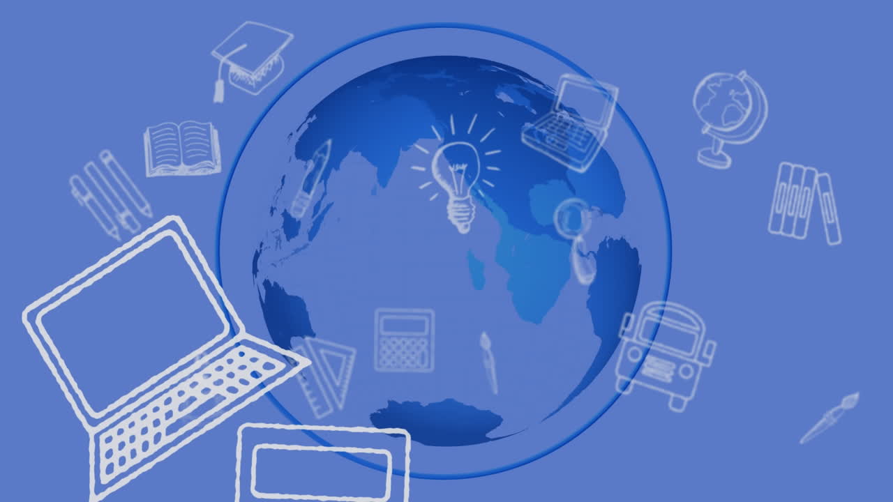 파란색 지구와 파란색 배경 위에 학교 아이콘의 애니메이션