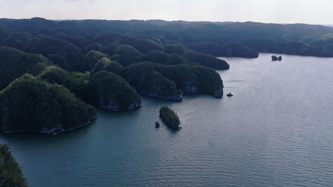 vuelo aéreo hacia el hermoso parque nacional los haitises con islas cubiertas de maleza, república dominicana