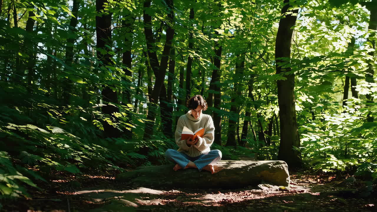 Young man reading a book outdoors