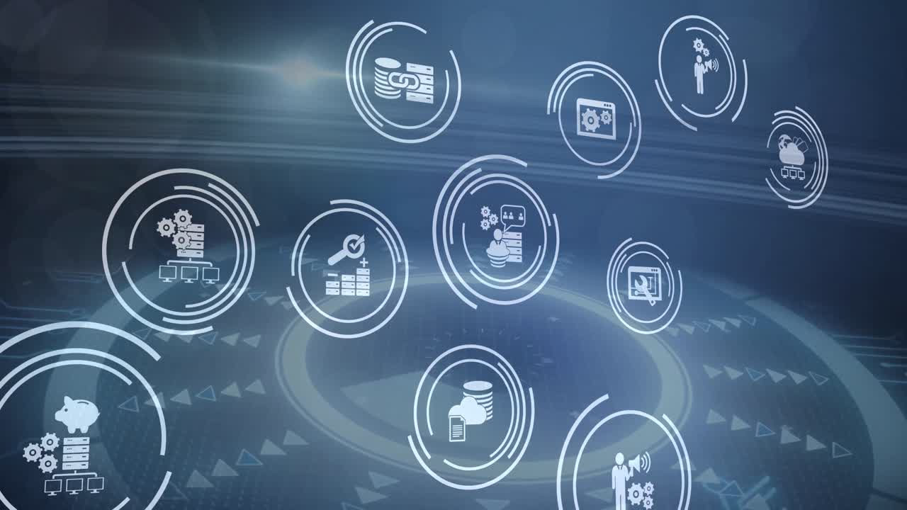 Animation of multiple digital icons over round scanner and light spot against blue background