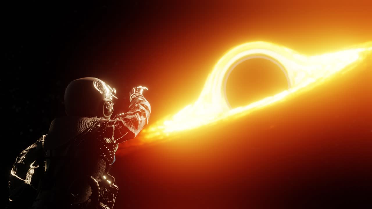 Cosmonaut flying towards black hole at outer space