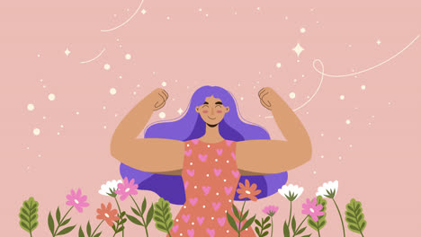 mujer fuerte en un jardín de flores