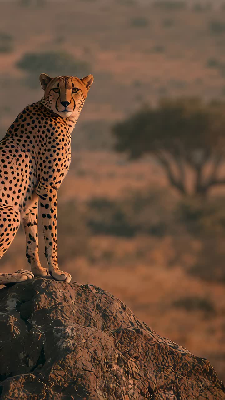 Vertical video: Scanning adult cheetah turning on rocky kopje, acacia tree and grass, copy space