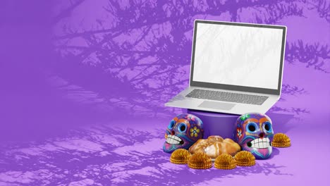 Laptop,-Totenköpfe,-Tag-Der-Toten,-Dia-De-Muertos,-Lila-Hintergrund,-Mockup,-Mexiko