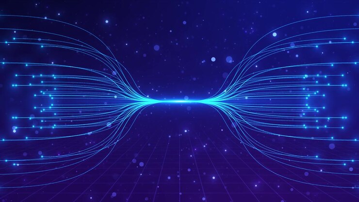 Blue fiber optic data wave background with glowing cyan lines connected dots purple grid floor and