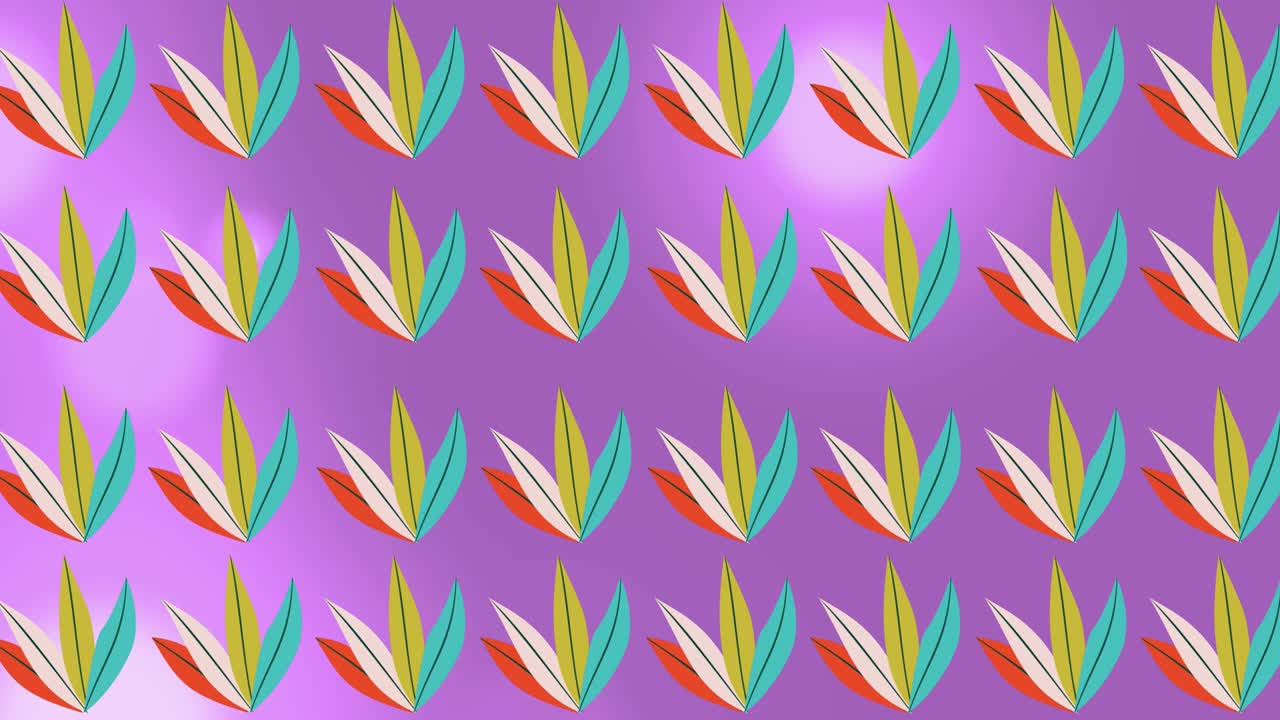 보라색 배경에 장갑 반점 위에 여러 가지 다채로운 식물의 애니메이션