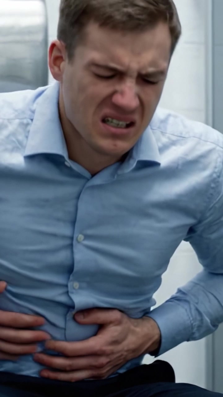 A Troubled Moment: A Man in Distress Experiencing Severe Abdominal Pain and Discomfort, Captured in Two Intense Frames.