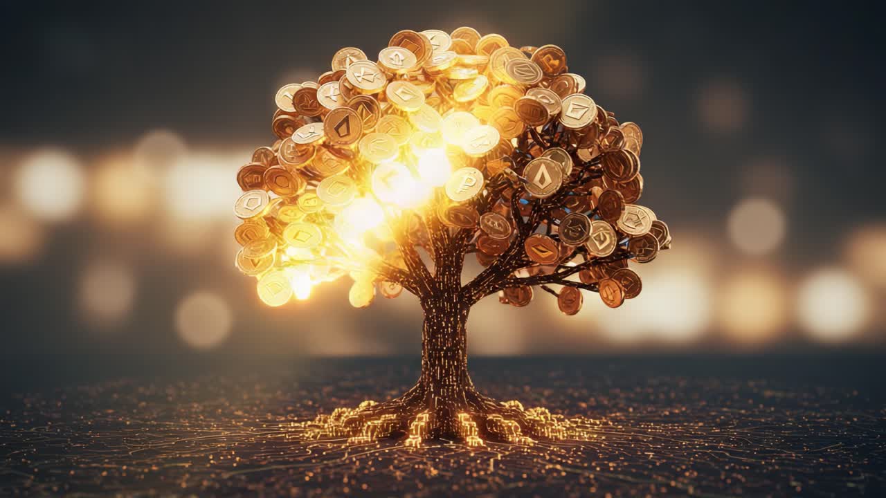 A Vibrant Golden Tree Adorned with Cryptocurrency Coins, Symbolizing Wealth, Growth, and Innovation in Digital Finance Ecosystems and Their Expanding Influence.