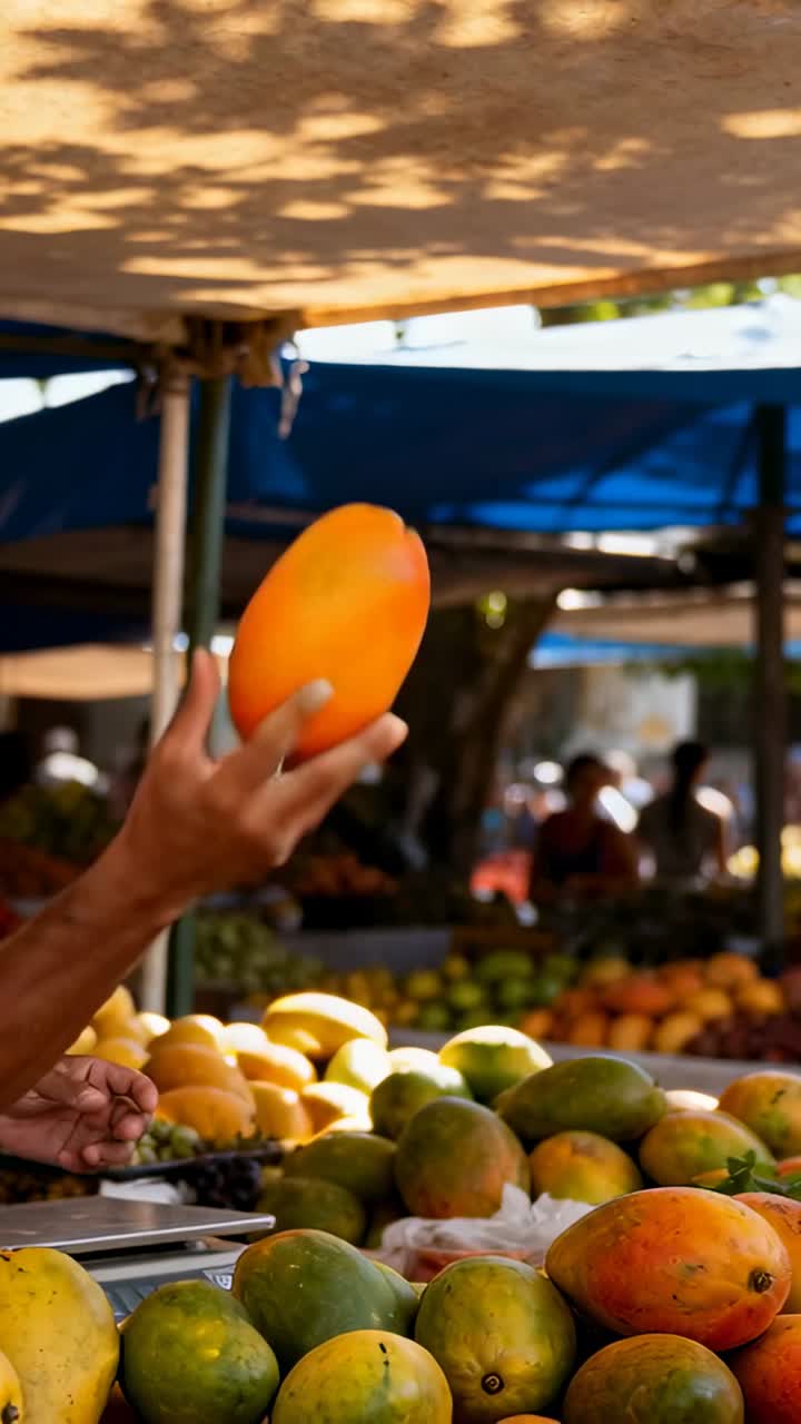 Venditore uomo che lancia e afferra un mango maturo sopra una pila al mercato, mostrando il frutto ai clienti.