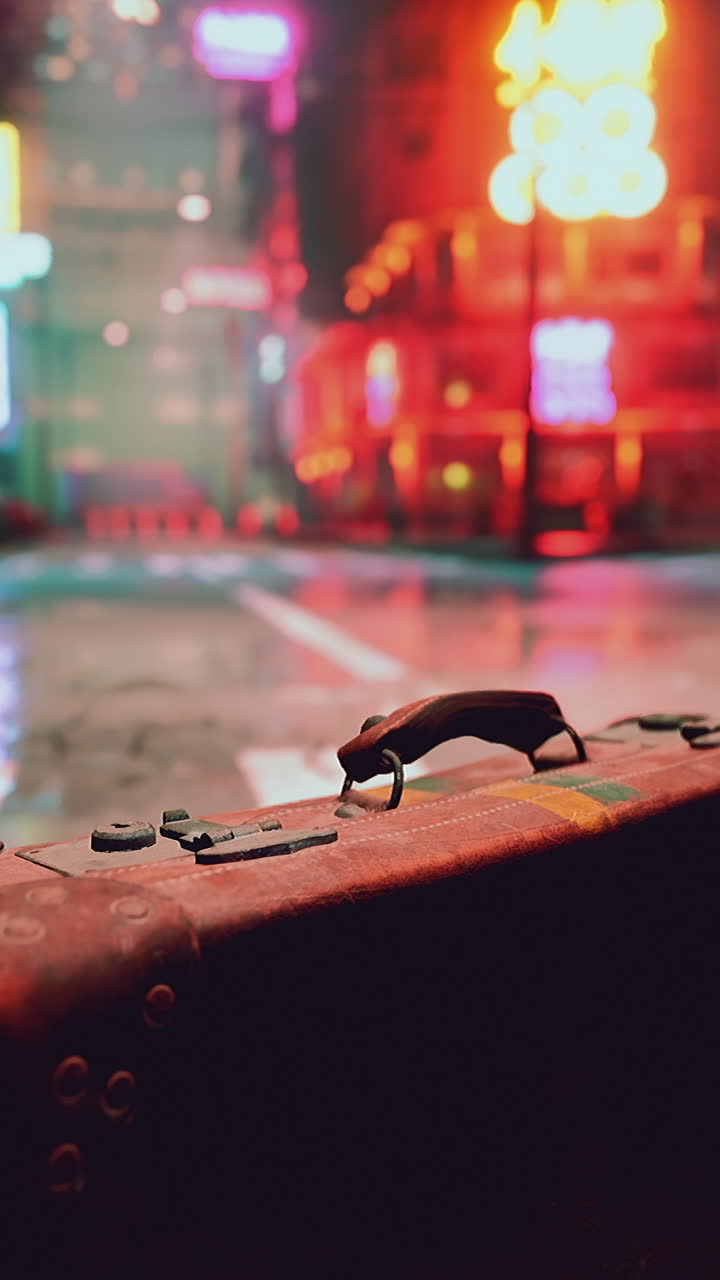 Suitcase on an empty street in a futuristic city at night