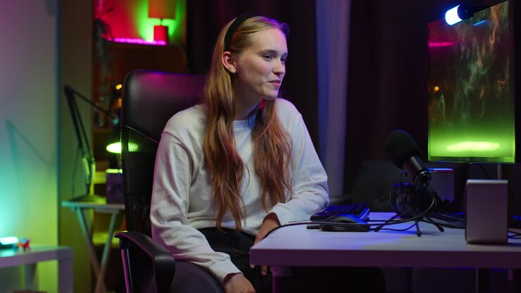 Giovane donna che trasmette in streaming un videogioco.