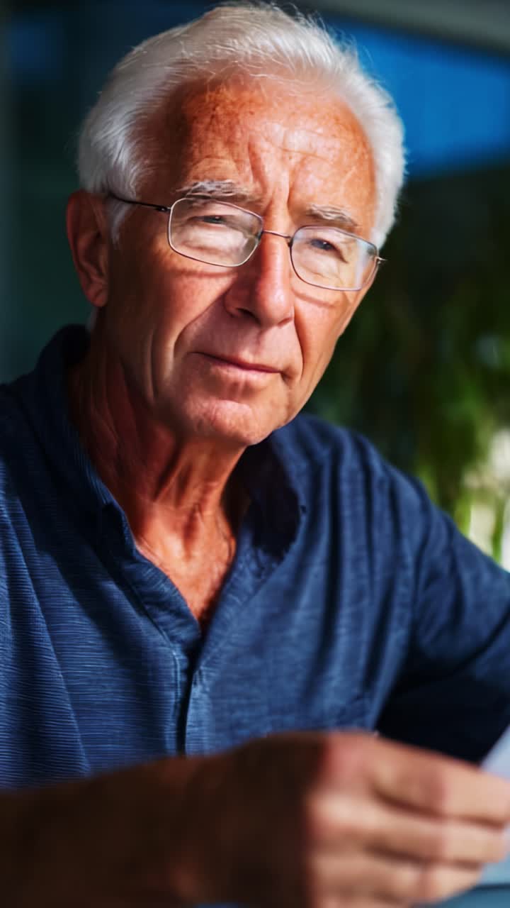 Un anciano con gafas revisa documentos en una mesa y muestra una expresión pensativa mientras lee el texto, lo que refleja una profunda concentración y sabiduría.