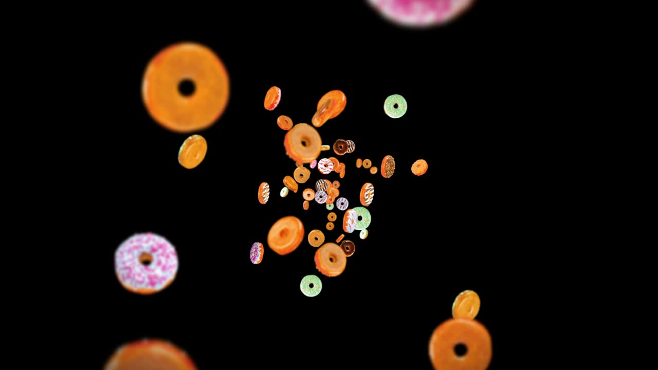 검은 바탕에 많은 다채로운 도을 날아. 도 케이크, 과자, 디저트. 도 회전의 3d 애니메이션. 루프 애니메이션.