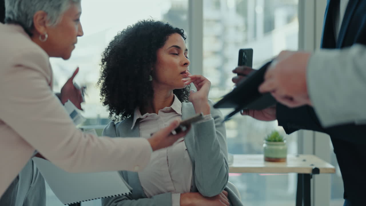 Woman, corporate and stress with multitasking