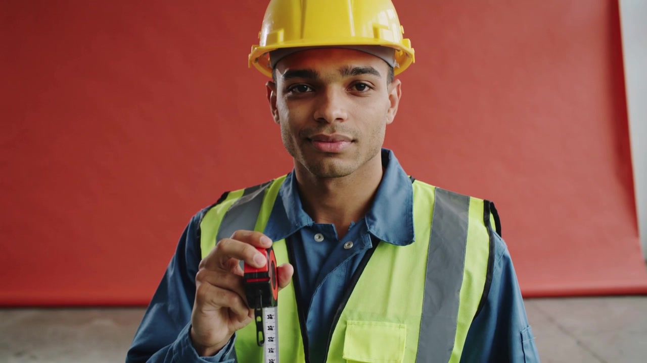 Camera widening as construction worker in hard hat, vest showing tape measure in studio for demo