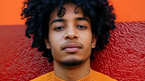 a young man with curly hair wearing a yellow sweater