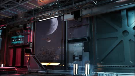 corredor espacial futurista con una vista de la luna. animación 3d