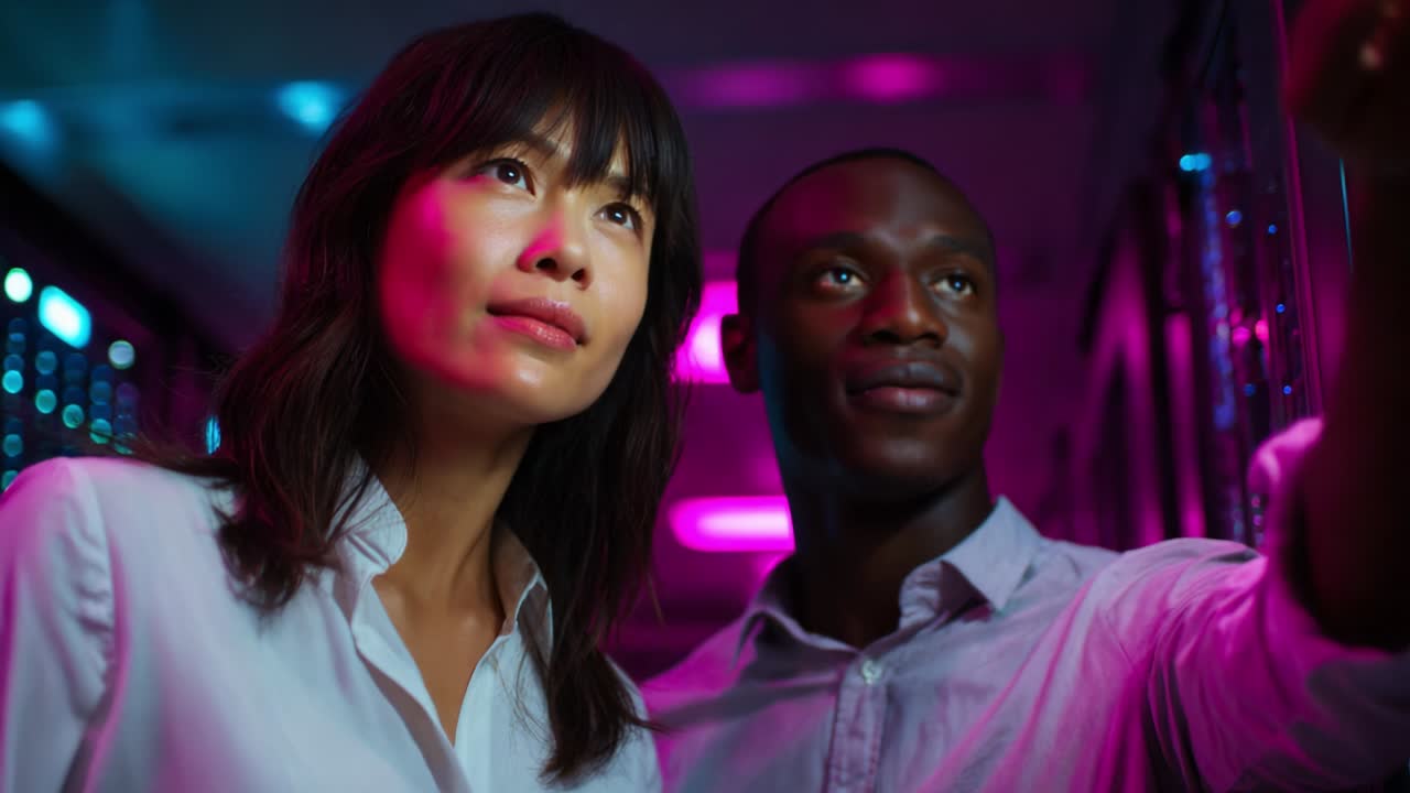 A captivating moment shared between two individuals illuminated by vibrant, colorful lights, as they interact and engage in a profound conversation that emits a sense of connection and curiosity in a lively environment
