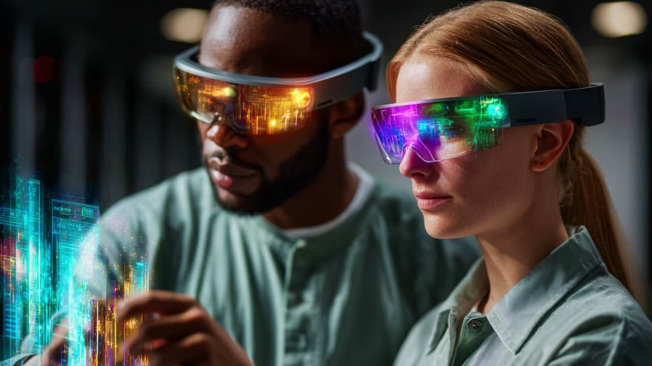 Exploring the Future of Technology: A Close Look at Two Individuals Engaged in an Interactive Digital Experience Using Innovative Augmented Reality Glasses