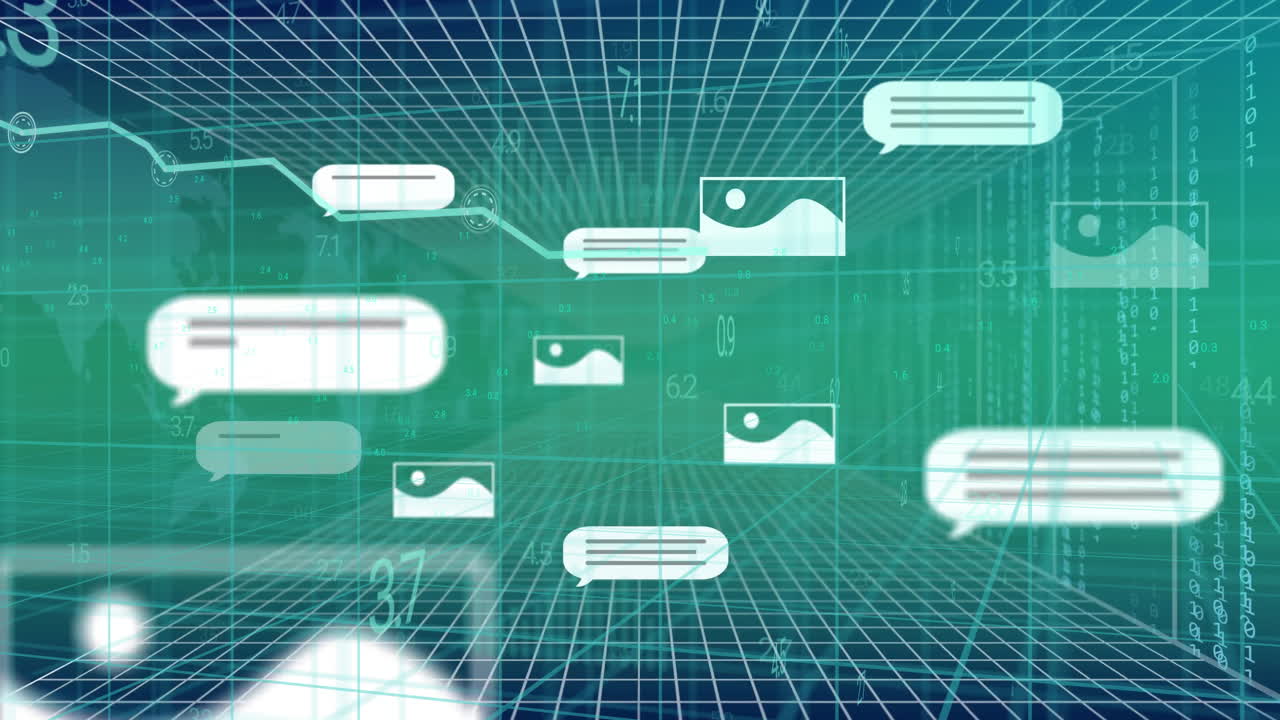 Animating chat bubbles and image icons over grid background