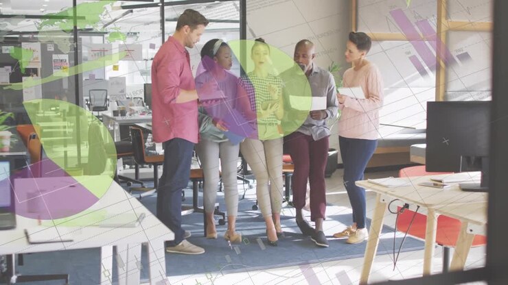 Animation of financial data processing over diverse business people in office