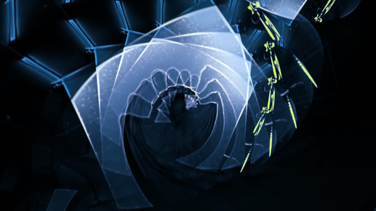This image showcases an abstract spiral design with layered translucent shapes and dynamic lighting, evoking a sense of movement and depth in a digital space