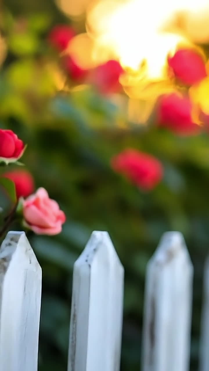 Roses bloom by a fence. Roses of various shades bloom alongside a white picket fence during golden hour, creating a serene garden atmosphere.