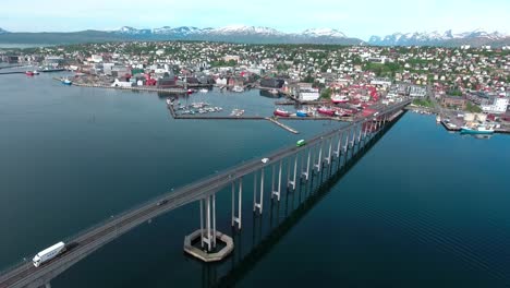 Bridge-of-city-Tromso,-Norway-Aerial-footage