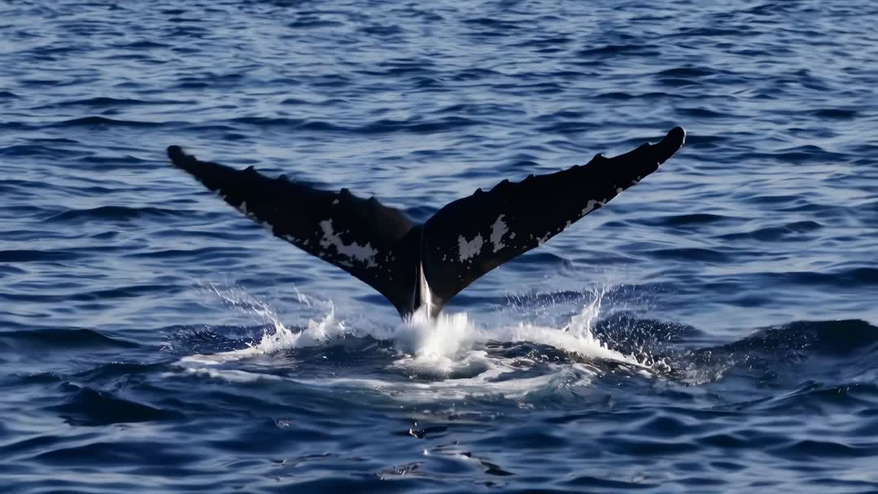 A serene video capturing a whale's tail emerging from the ocean, shot from a low angle