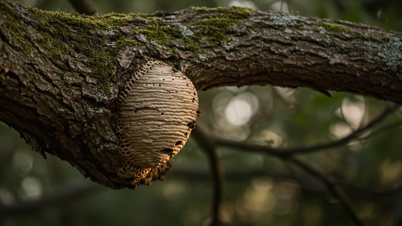 A Close-Up View of a Nest Hanging from a Tree Branch in Natural Habitat, Showcasing Intricate Patterns and Textures of the Structure