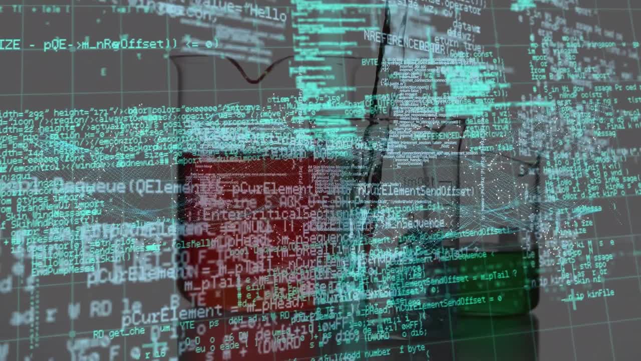 animación del procesamiento de datos y la estructura del adn sobre el vertido químico en un vaso de vidrio
