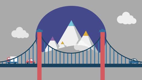 animation of mountains and bridge on gray background