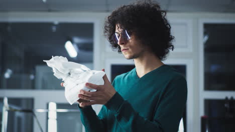 man with curly hair examining a white crumpled object