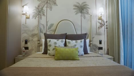 tropical interior of bedroom of real estate hotel